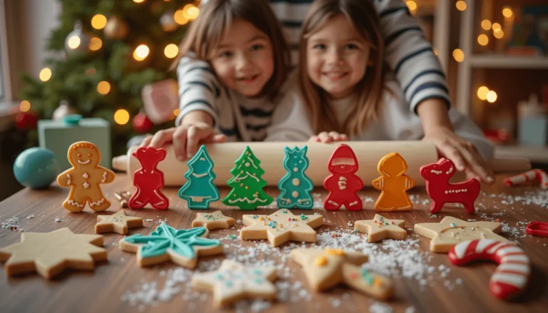 Ten colorful Christmas cookie cutters on a festive kitchen table, including gingerbread, tree, Santa, and more