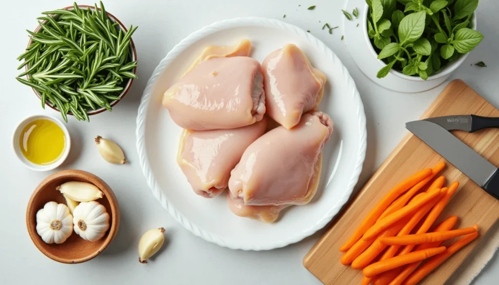 Fresh ingredients for Whole 30 dinner recipes including chicken, rosemary, garlic, and vegetables laid out for prep.