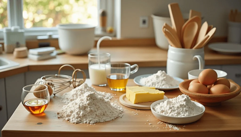 ake baking ingredients on a wooden table including flour, butter, sugar, and eggs