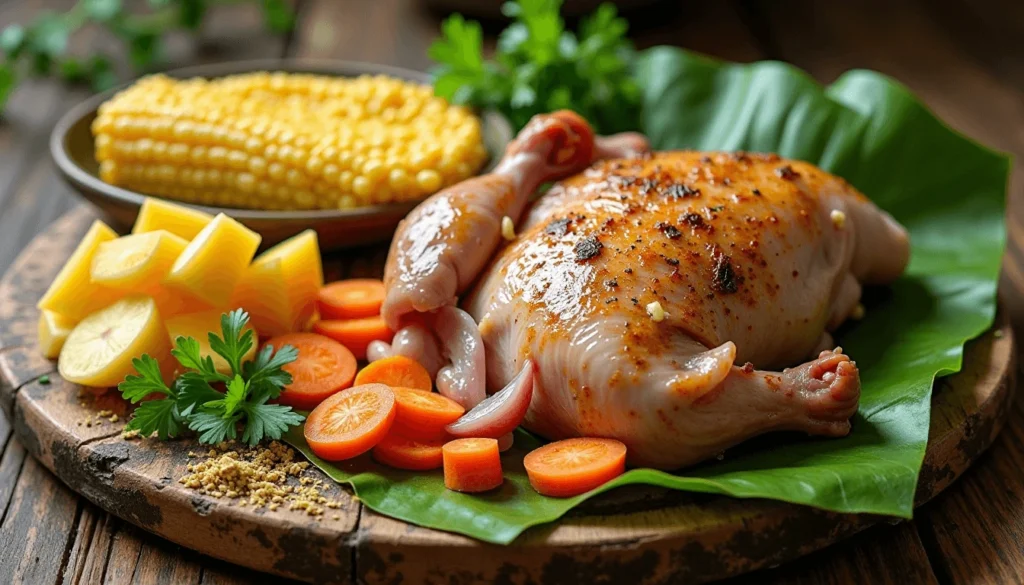 "Ingredients for Tamales Colombianos: corn masa dough, chicken or pork, potatoes, carrots, banana leaves, and spices."