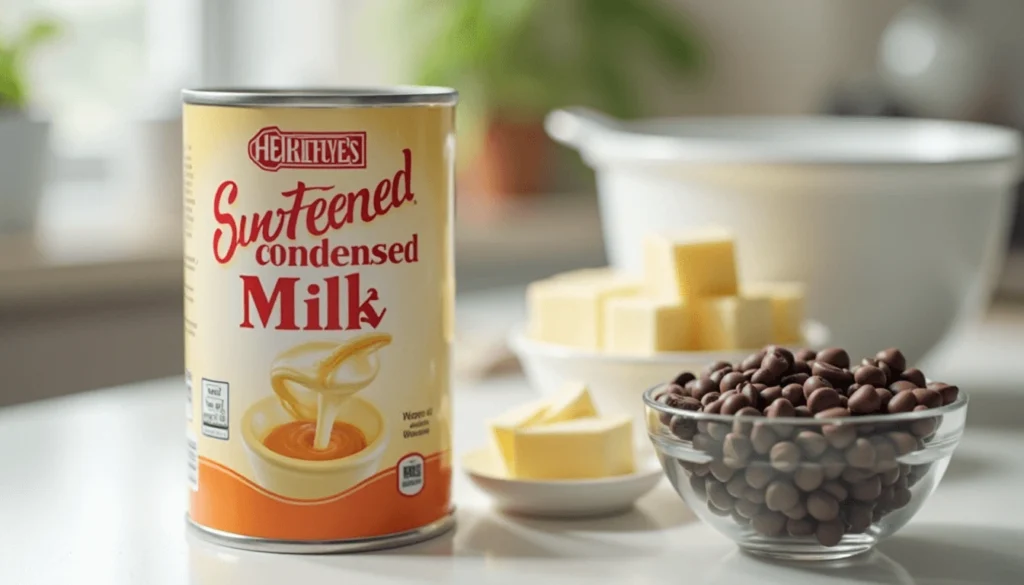 Ingredients for making condensed milk dessert recipes, including condensed milk, chocolate chips, and butter.