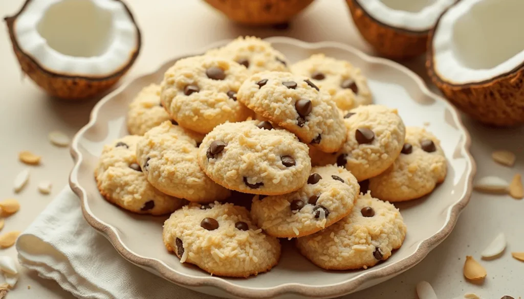 Cookies with shredded coconut and chocolate chips on a tropical plate