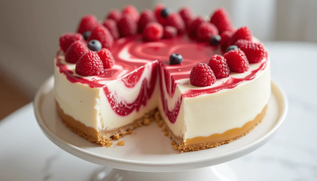 Heart shaped cheesecake with raspberry swirl and berry topping.