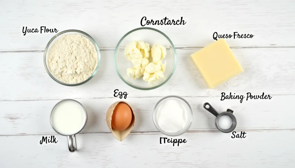 "Ingredients for Pan de Bono labeled on a wooden surface: yuca flour, cornstarch, cheese, egg, milk, baking powder, and salt."