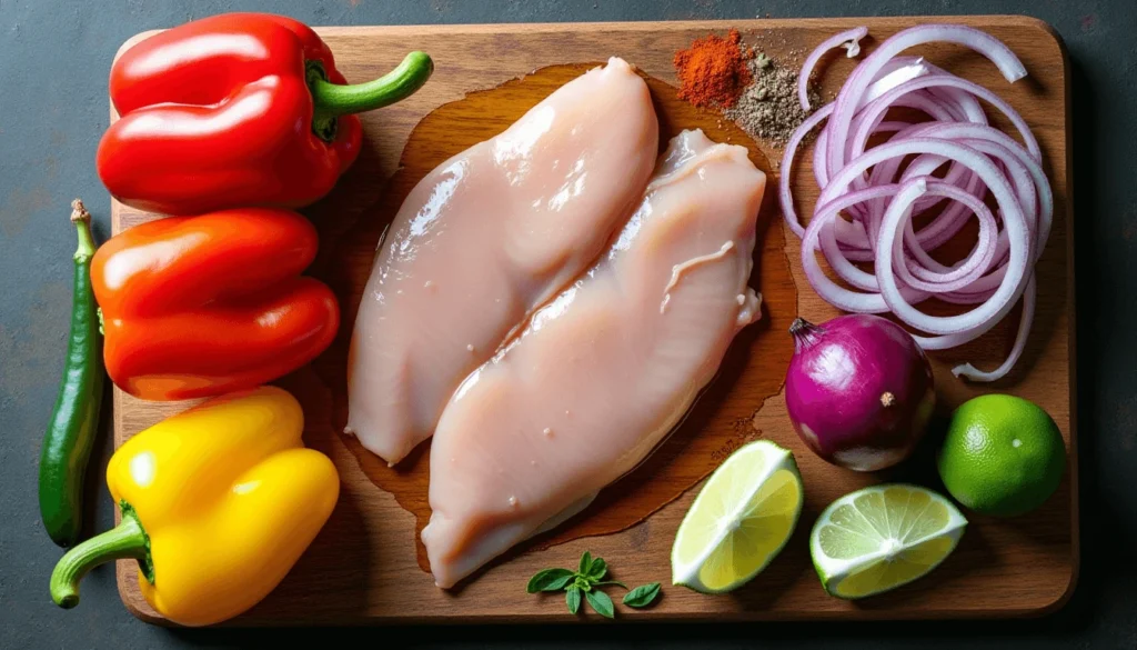 Ingredients for blackstone chicken fajitas including raw chicken strips, colorful bell peppers, onions, garlic, and spices.