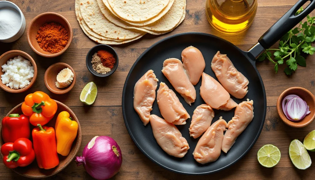 Fresh ingredients for Blackstone dinner recipes including chicken, peppers, onions, spices, and tortillas arranged neatly on a wooden table.
