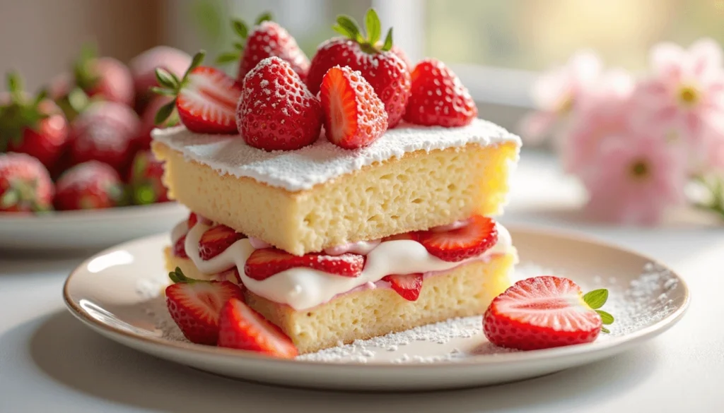 Light heart cake with whipped cream and fresh strawberry layers.