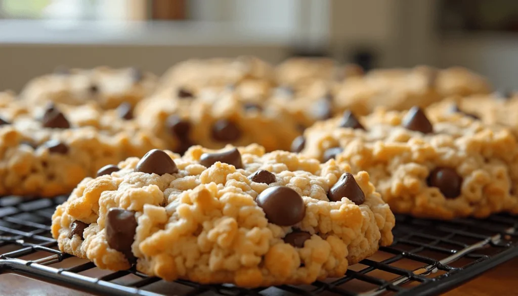 Classic chocolate chip cookies with Rice Krispie Chocolate Chip Cookies cooling on a rack