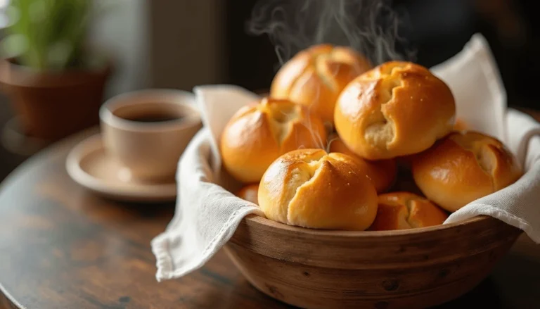 "Freshly baked Pan de Bono (Colombian bono bread) in a basket, golden brown and steaming, served with Colombian coffee."