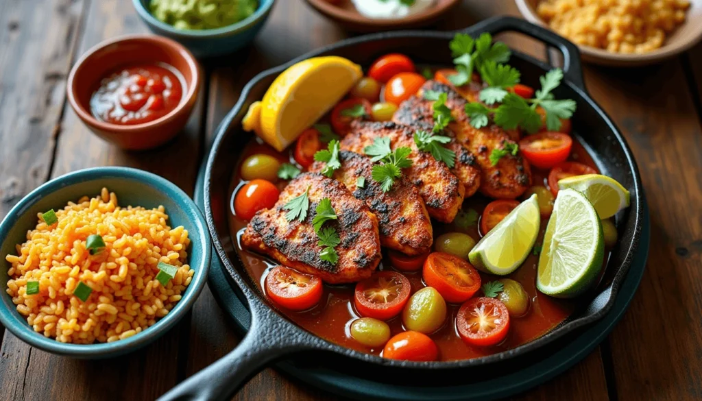 Chicken fajitas on blackstone served with Spanish rice, guacamole, and lime wedges on a rustic plate.