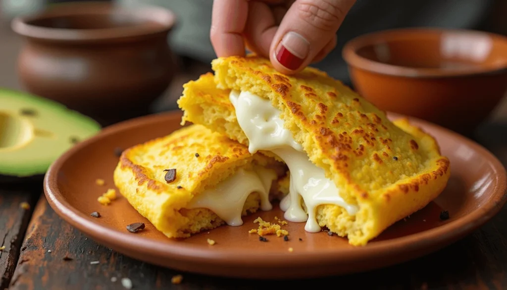 Cheese-filled Colombian arepas with golden crusts and stretchy melted cheese.
