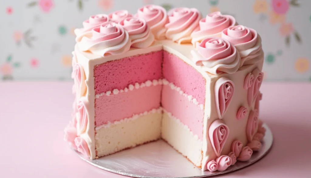 Heart shaped ombre cake with pink to white gradient layers.