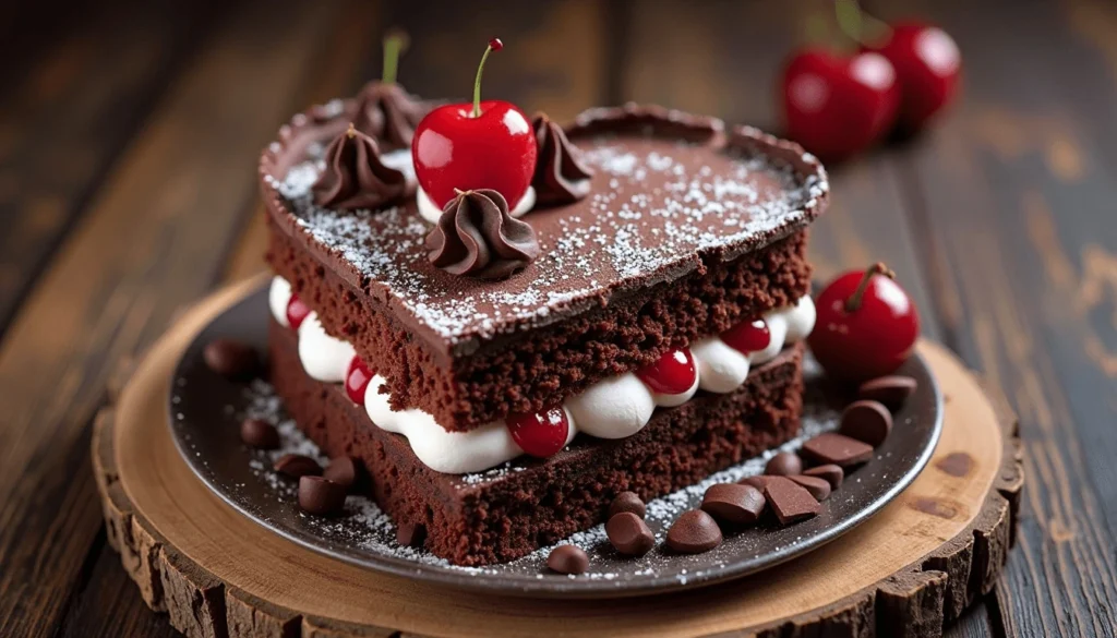 Chocolate heart cake with cherries, whipped cream, and chocolate curls.