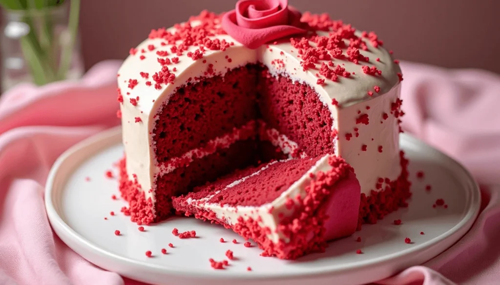 Classic red velvet heart cake with cream cheese frosting and red crumb garnish.