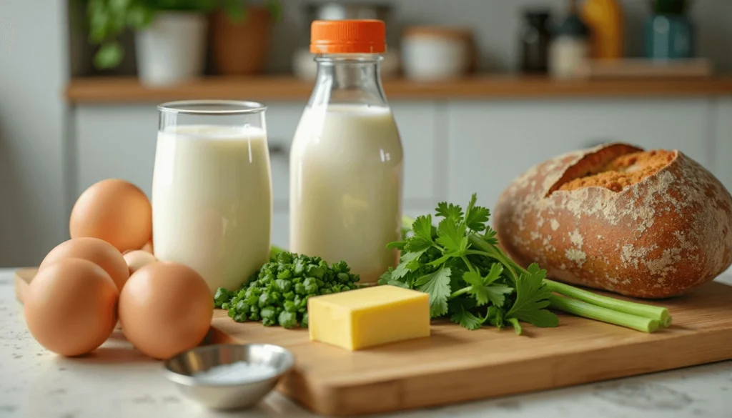 Ingredients for making Changua (Milk and Egg Soup), including milk, eggs, and scallions.
