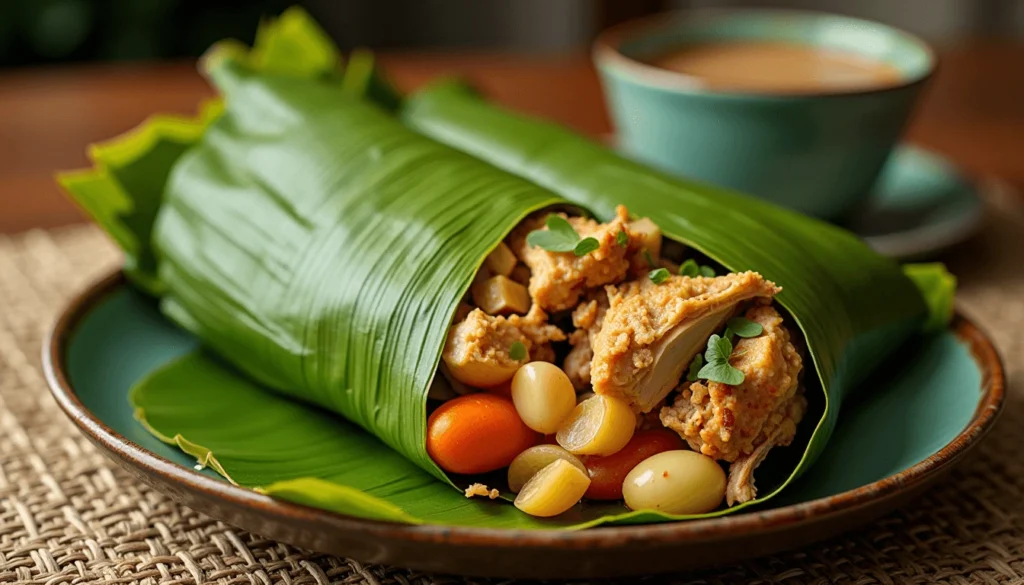 Steamed Colombian tamal unwrapped from banana leaves showing chicken, masa, and vegetables.