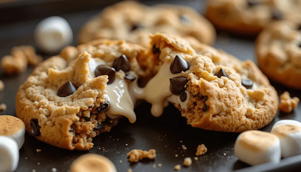 Rice Krispie cookies broken in half revealing marshmallow filling