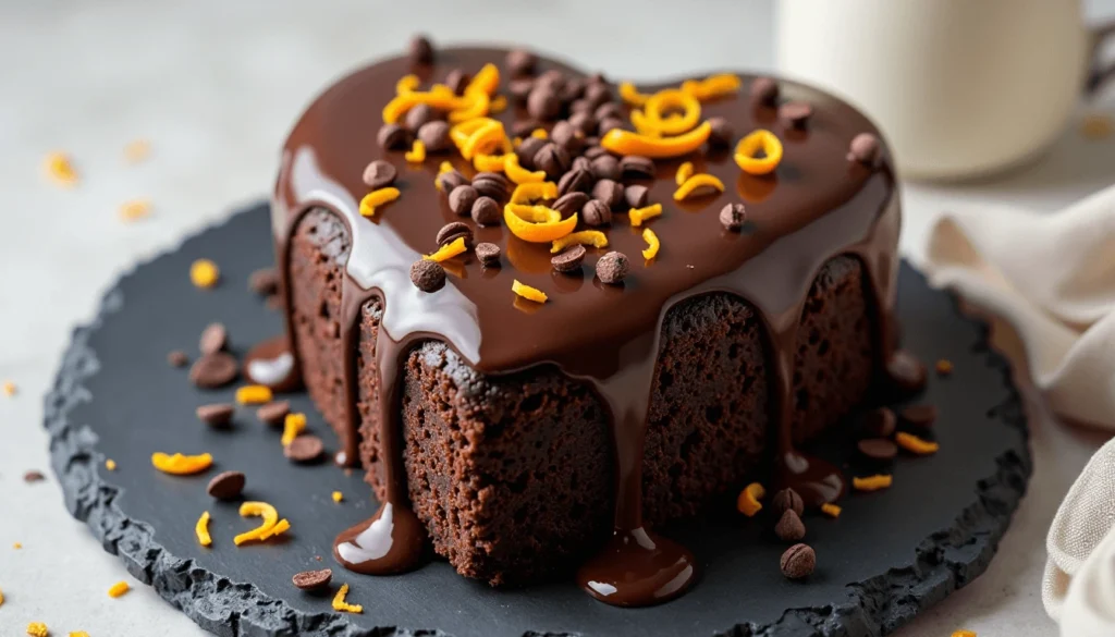 Vegan chocolate heart cake with a glossy glaze and orange zest.