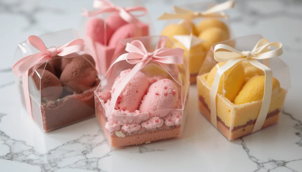 Assorted mini heart cakes packaged for gifting with ribbons.