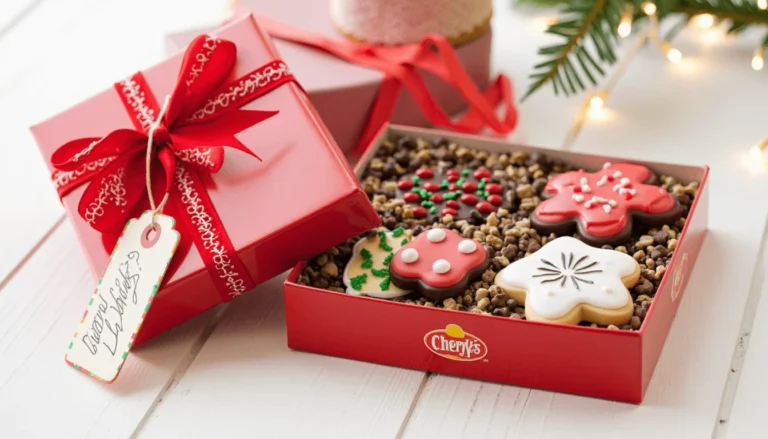 Elegant Christmas cookie decorating kit in a red holiday gift box with festive cookies and ribbon