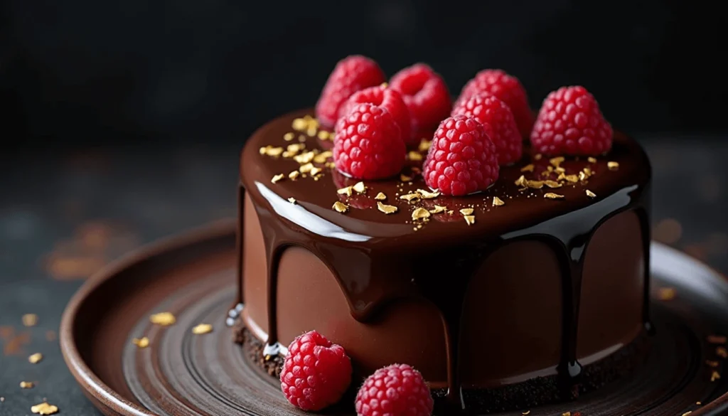 Glossy chocolate heart cake topped with raspberries and gold leaf.