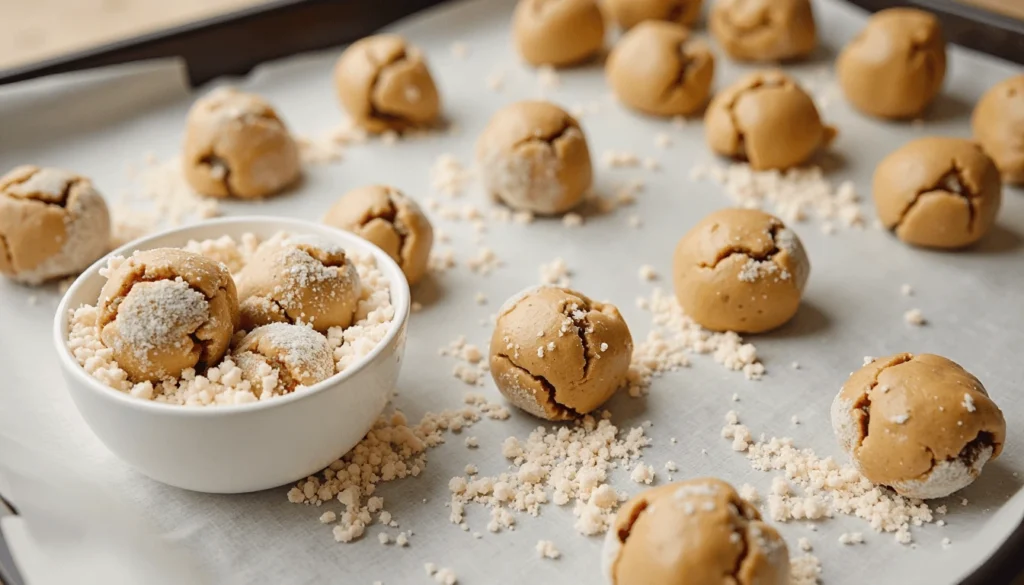 Rolling Ginger Molasses Cookie dough balls in sugar for Starbucks-style cookies