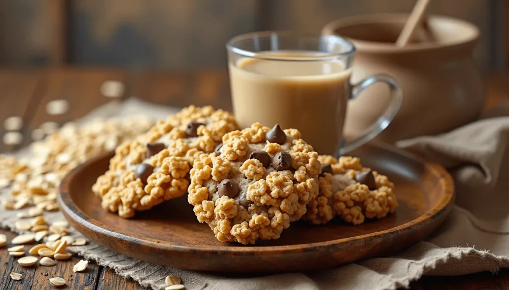 Oatmeal cookies with Rice Krispies and chocolate chips on a cozy table