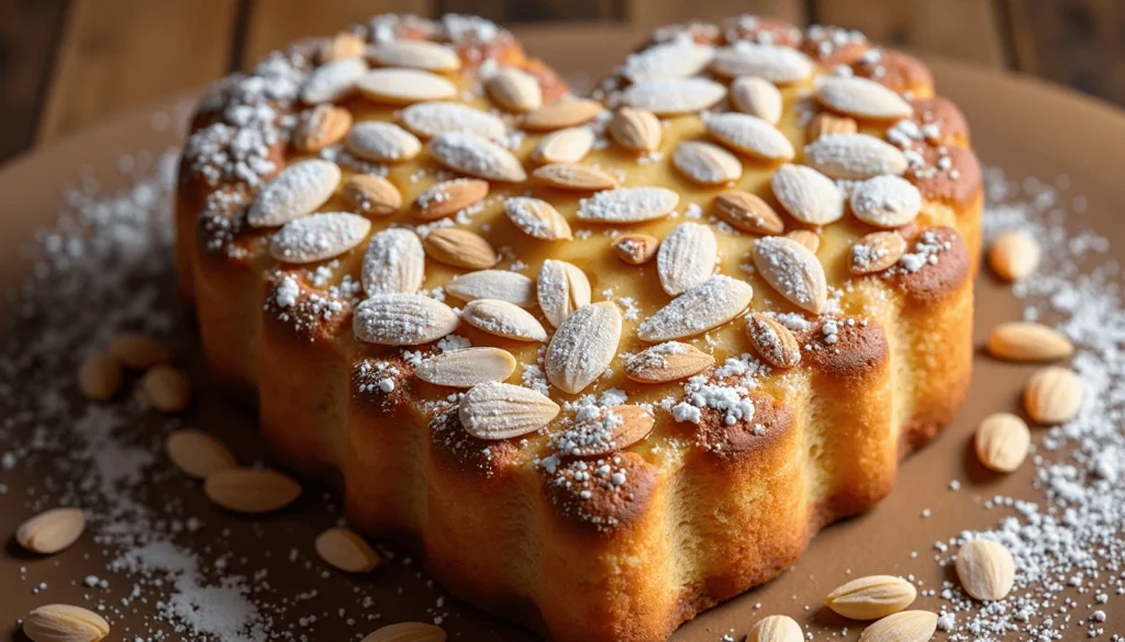 Gluten-free almond heart cake topped with powdered sugar and slivered almonds.