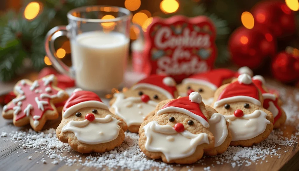 Santa Claus-shaped cookie cutter with red and white frosted cookies.