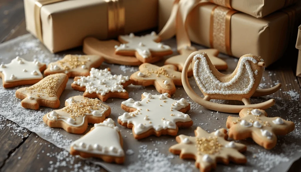 Sleigh and bell-shaped cookie cutters with detailed golden icing.
