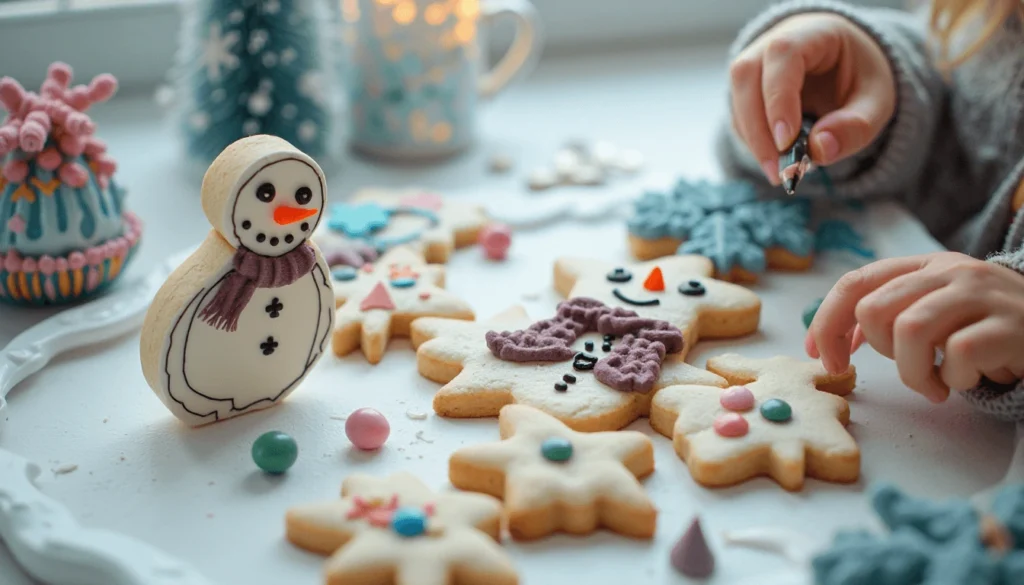 Snowman cookie cutter with colorful scarf-decorated cookies.