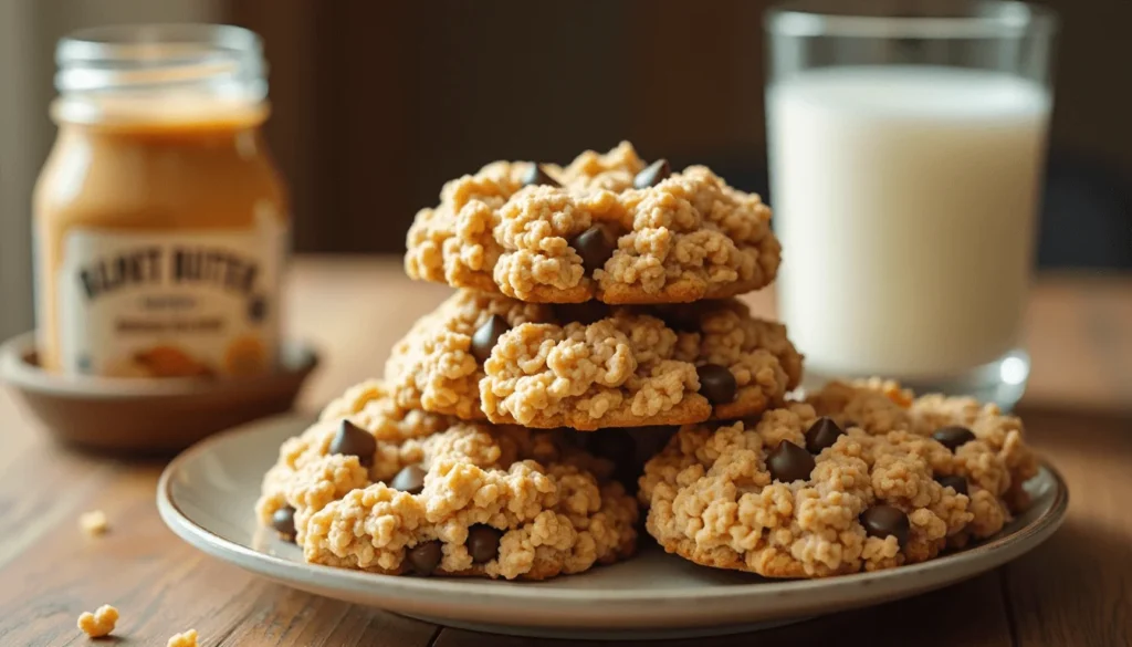 Peanut butter chocolate chip cookies with crispy Rice Krispies on a plate