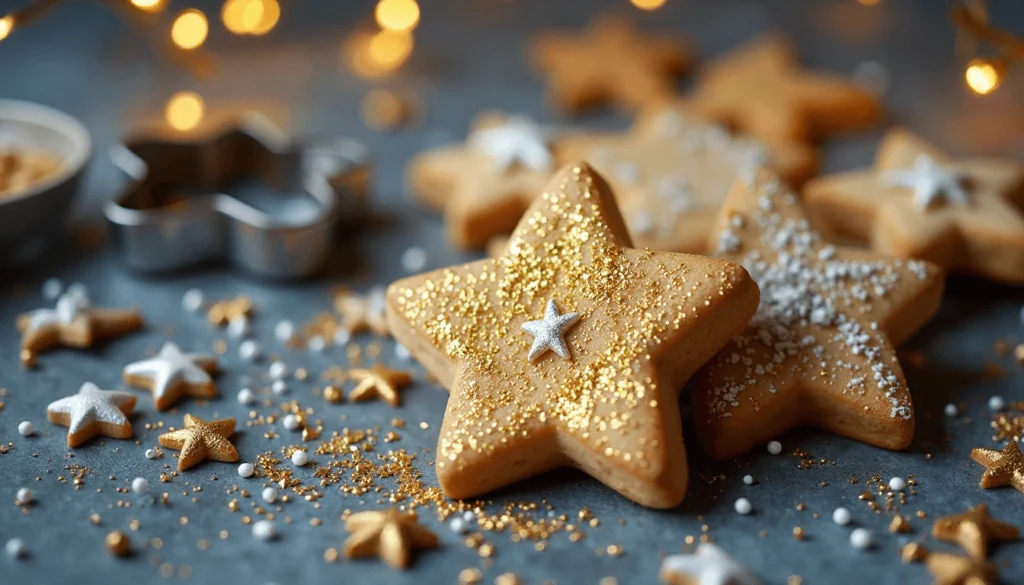 Star-shaped cookie cutter with gold and silver-decorated cookies.