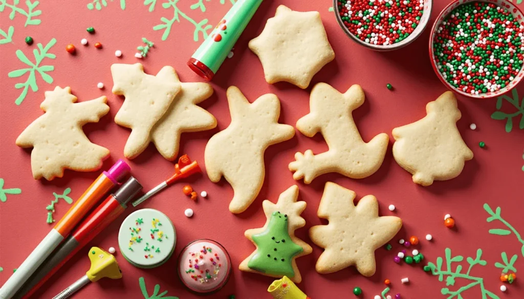 Wilton-style DIY Christmas cookie decorating kit with assorted cookies, icing, and sprinkles