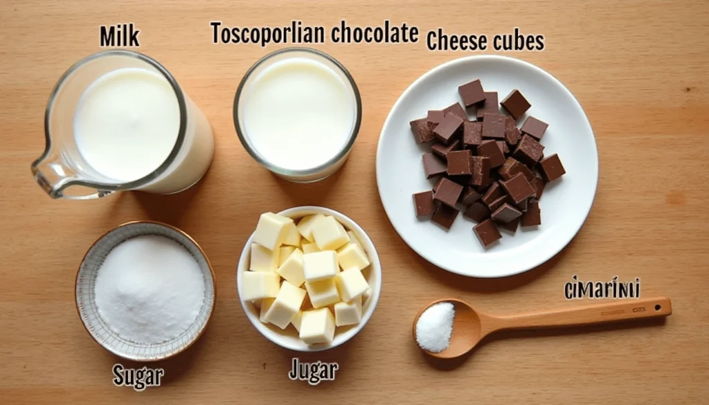 "Top-down image of labeled ingredients for Chocolate Santafereño: milk, Colombian chocolate, sugar, cheese cubes, and cinnamon – for hot chocolate and cheese."
