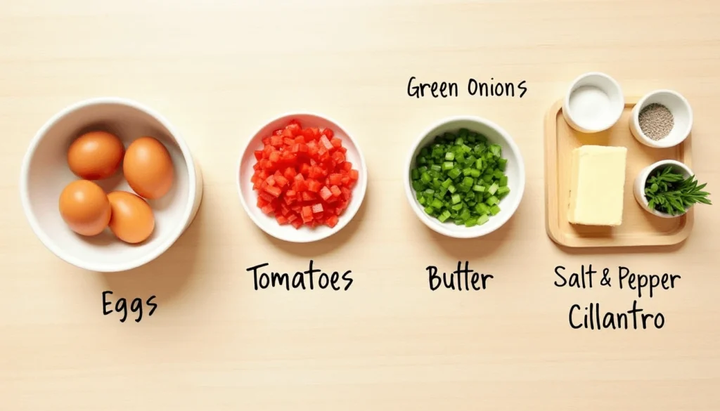"Ingredients for Huevos Pericos arranged on a wooden surface: eggs, tomatoes, green onions, butter, salt, pepper, and cilantro, each labeled clearly."