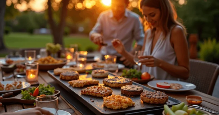 A variety of Blackstone dinner recipes sizzling on a griddle, with burgers, fajitas, and shrimp stir-fry, set on a cozy outdoor dining table at sunset.