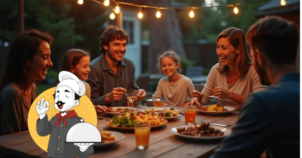 A happy family enjoying freshly made Blackstone dinner recipes outdoors under string lights in a cozy backyard.