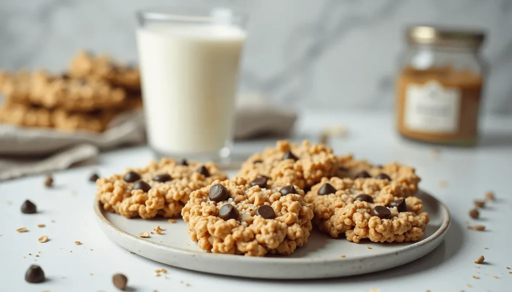 Cookie bars with Rice Krispies and chocolate chips sliced on a wooden board