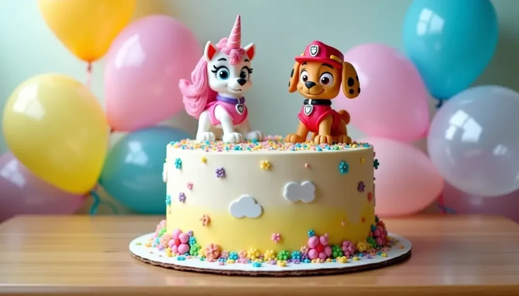 Paw Patrol and unicorn birthday cake for a boy or girl, colorful and fun.