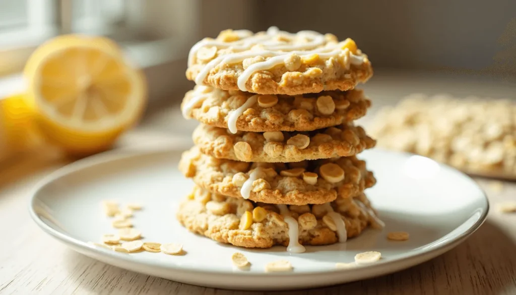 Classic lemon oatmeal no bake cookies stacked on a plate with lemon glaze.