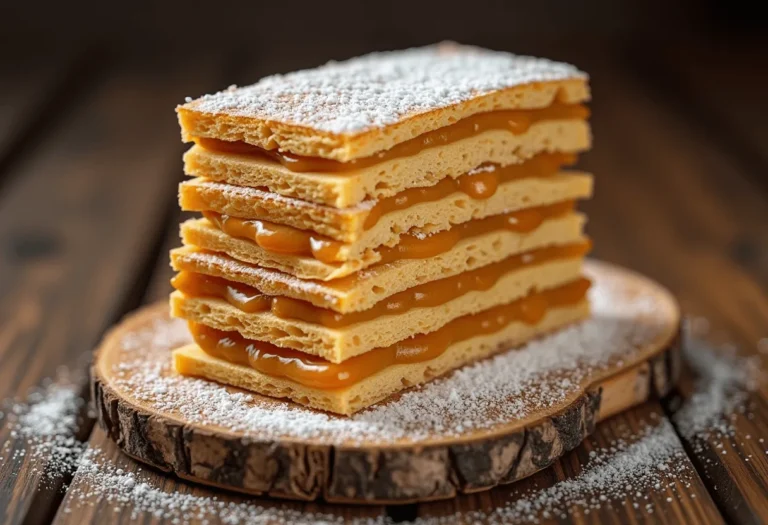 Five-layer Milhojas Chile slice — crispy puff pastry and creamy