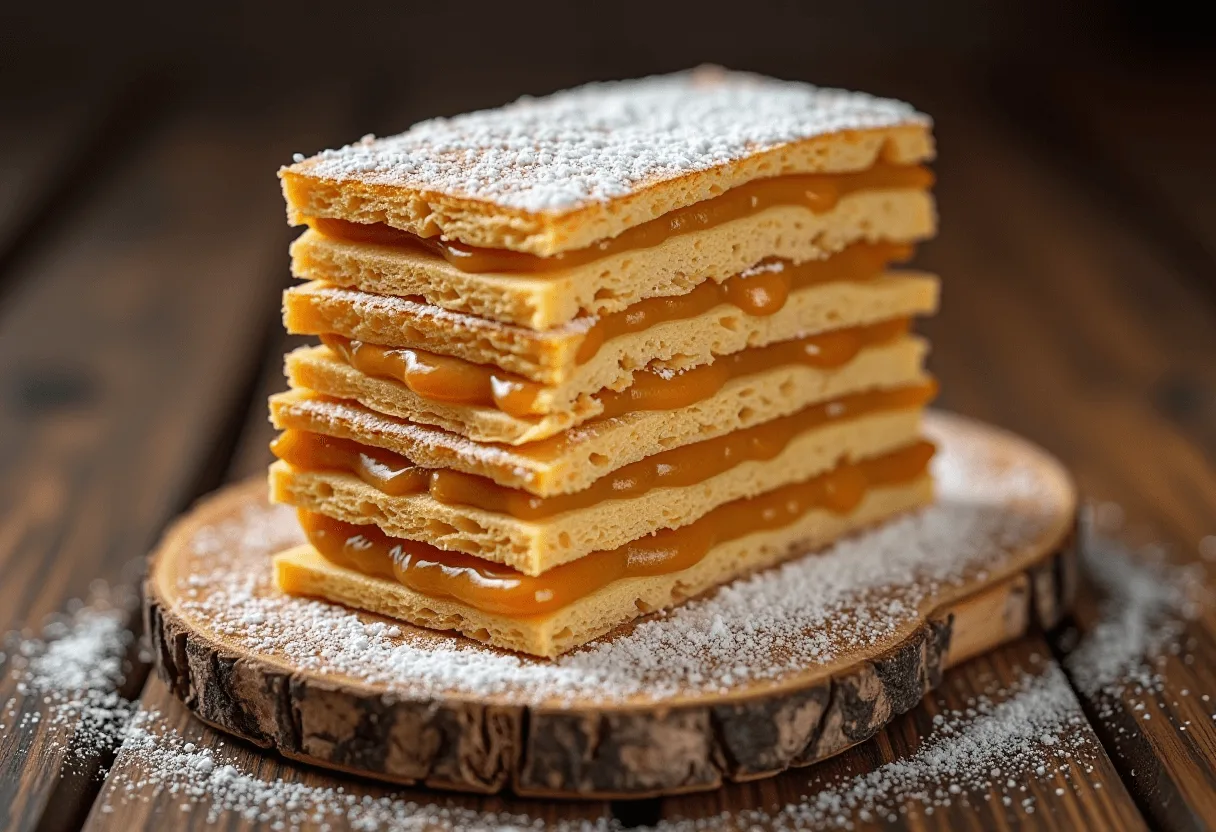 Five-layer Milhojas Chile slice — crispy puff pastry and creamy