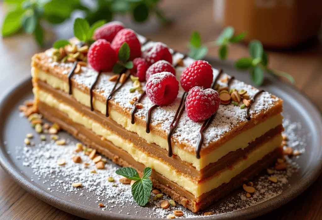 Milhojas cake recipe final result topped with berries and powdered sugar