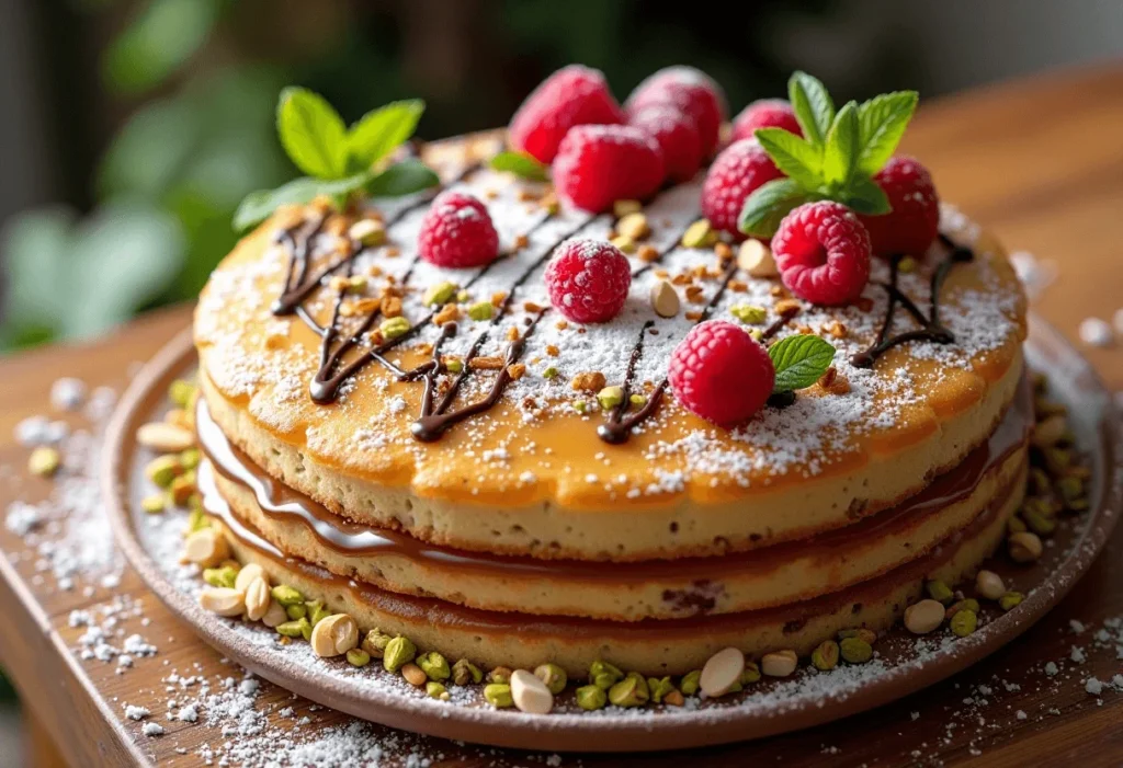A slice of milhojas cake on a dessert plate with a fork beside it