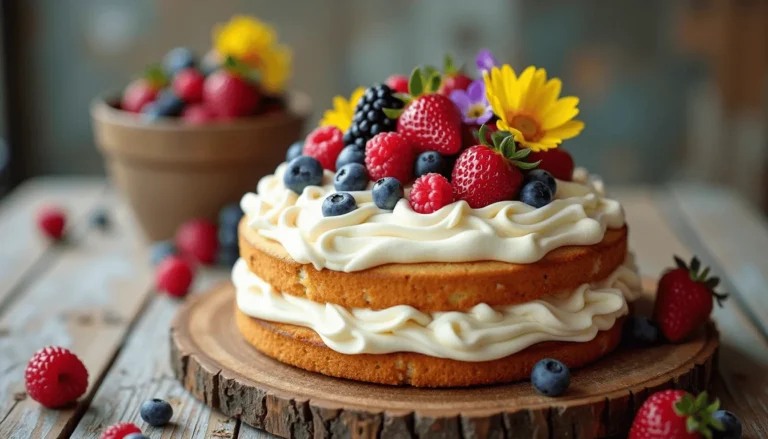 Light and fluffy American vanilla cake with nude frosting and berries