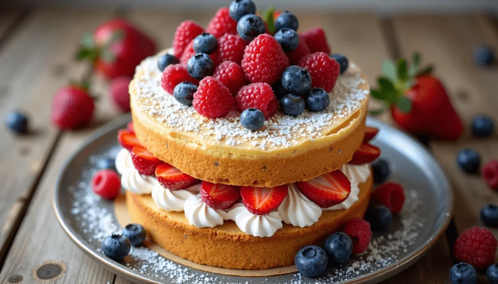  Naked cake with layers of whipped cream and fresh berries – colorful cake decor.

