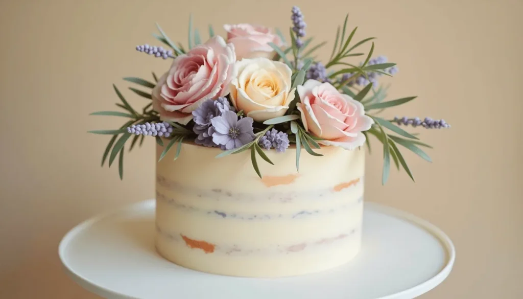  Nude cake decorated with edible flowers and green leaves – romantic cake design.

Title: Nude Cake with Fresh Flowers & Greenery