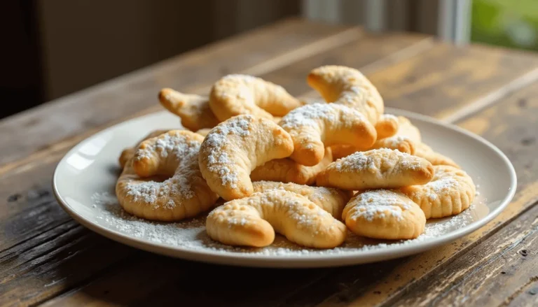 Freshly baked moon cookies on a rustic plate, shaped like crescents and dusted with sugar
