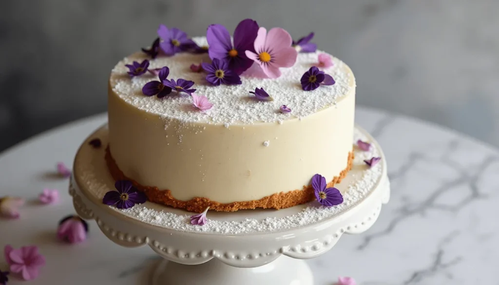 Naked cake with edible flowers and sugar dust – soft and dreamy cake design.


